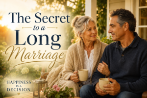 A happy middle aged couple sitting arm in arm on the porch contemplating the secret of a long marriage