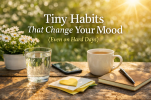 Bright outdoor scene with coffee, water, and notebook on a wooden table, representing tiny habits that improve mood