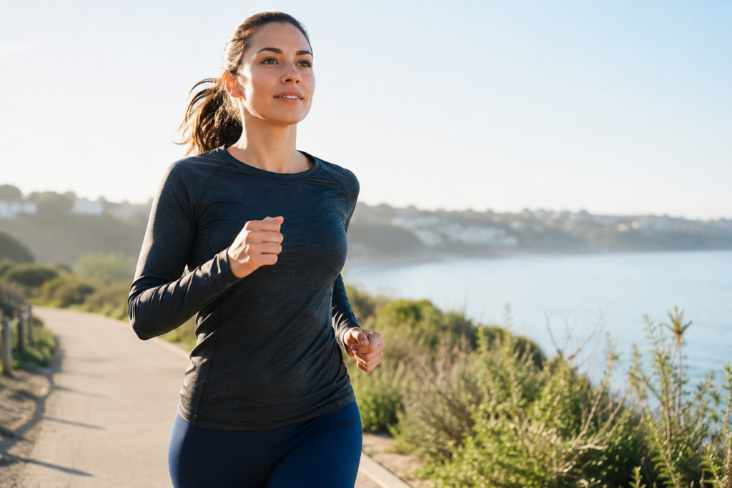 Woman jogging along a sunny coastal path, representing the WOOP method in action and turning goals into practical steps.