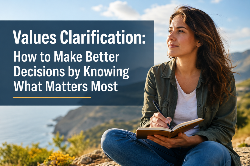 Woman sitting outdoors by the coast, writing in a notebook, with the title “Values Clarification: How to Make Better Decisions by Knowing What Matters Most” overlaid on the image.