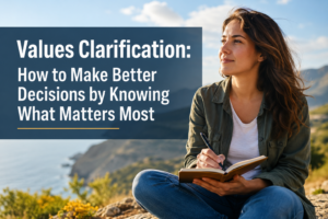 Woman sitting outdoors by the coast, writing in a notebook, with the title “Values Clarification: How to Make Better Decisions by Knowing What Matters Most” overlaid on the image.