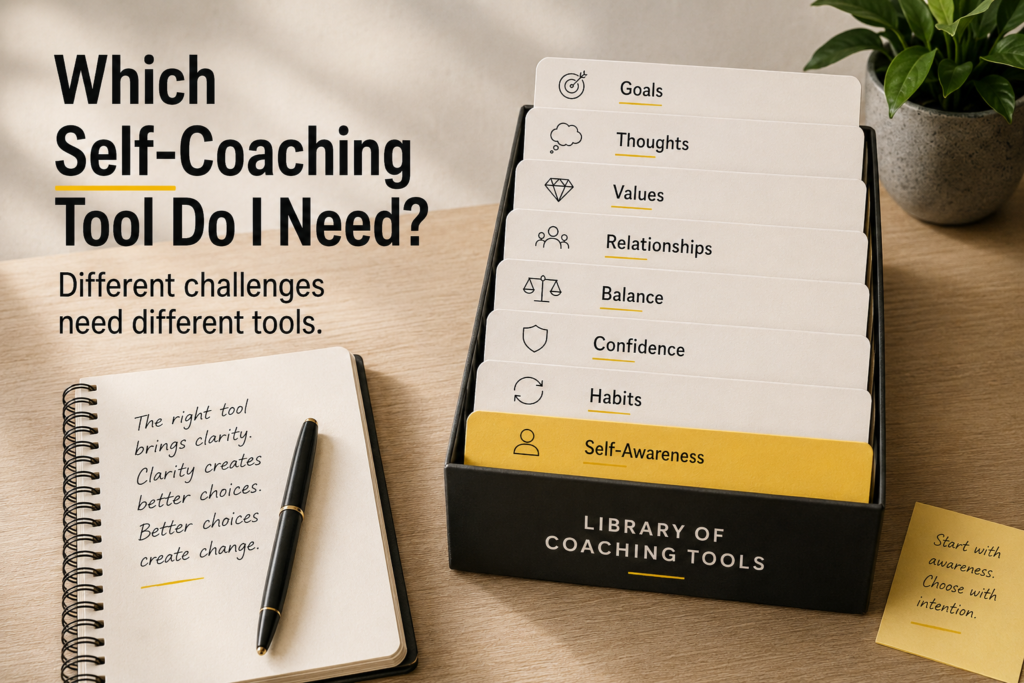 A library of self-coaching tools organised by goals, thoughts, values, relationships, balance, confidence, habits and self-awareness.
