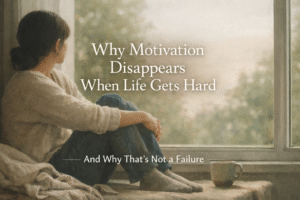 Person sitting quietly by a window in soft light, reflecting on why motivation disappears when life gets hard