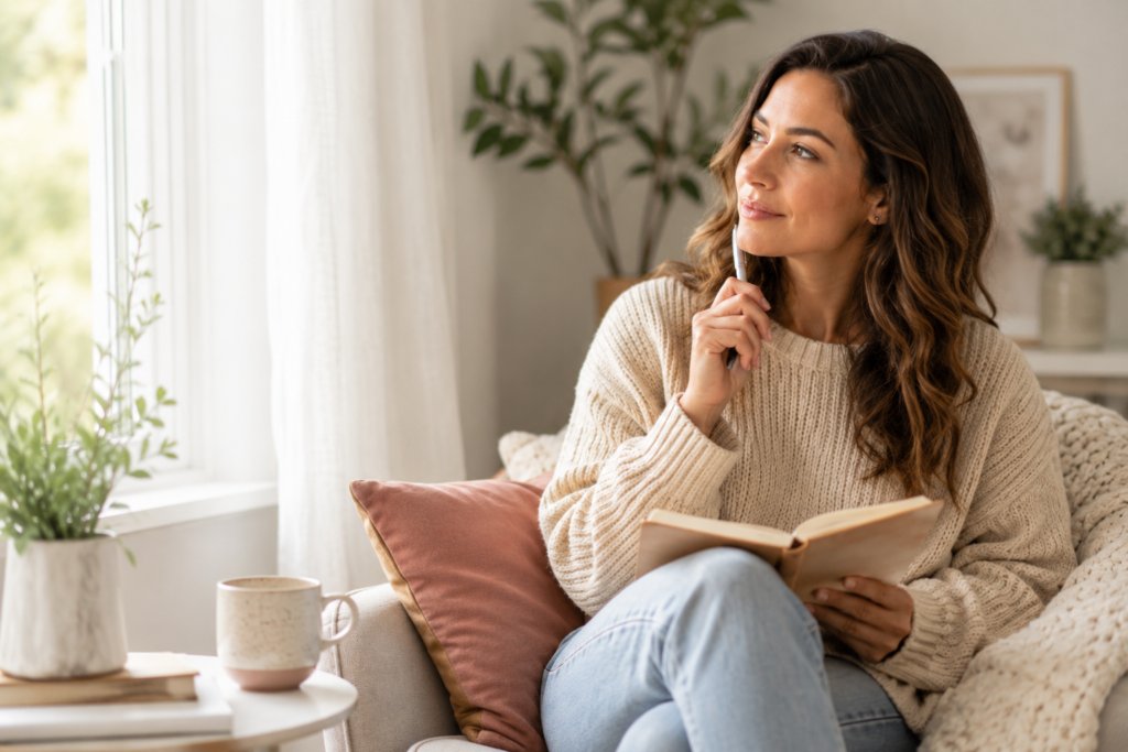 Woman reflecting with a journal in a bright room for a self-compassion coaching practice