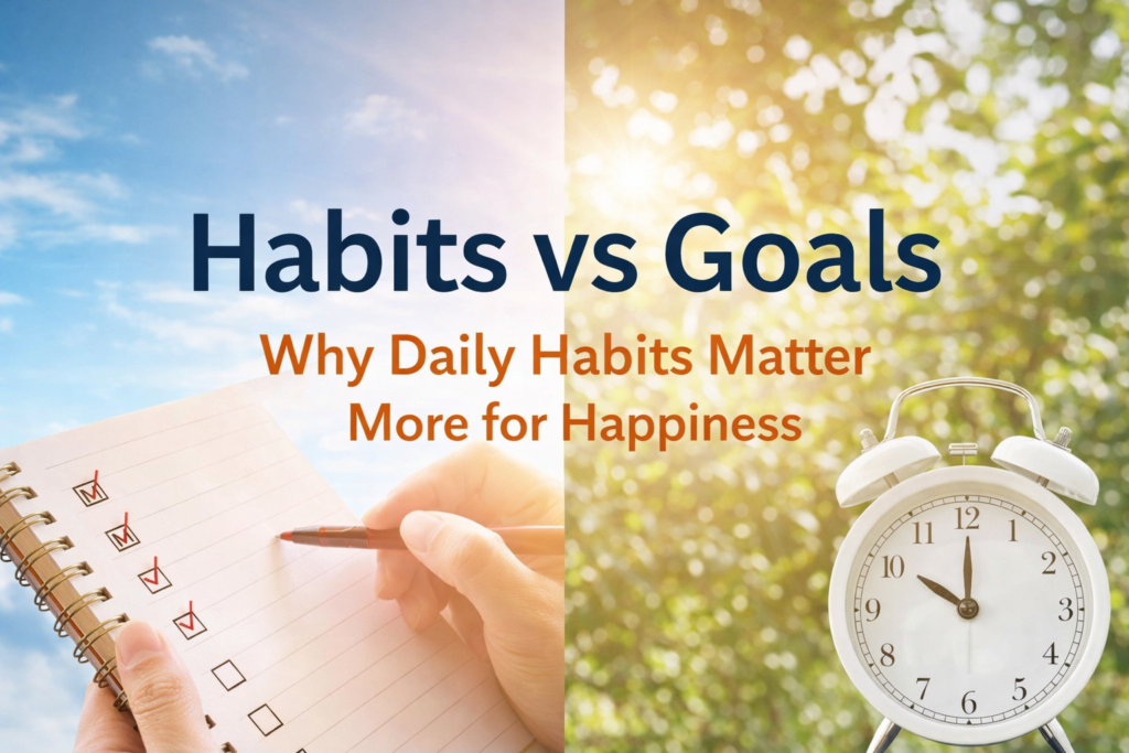 Habits vs goals concept showing how daily habits create long term happiness