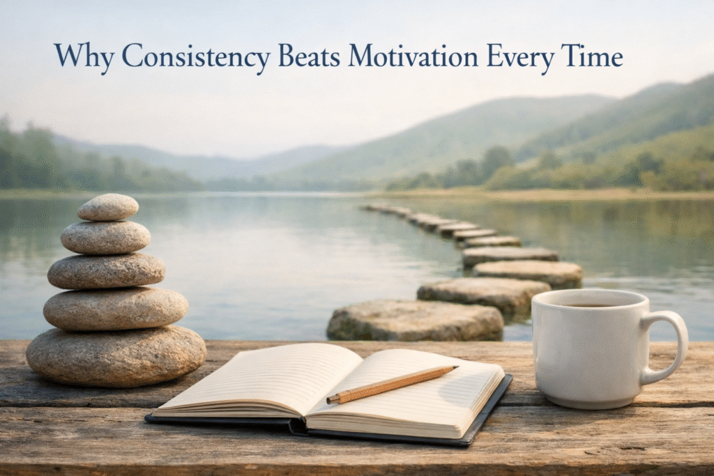Featured image for the blog post “Why Consistency Beats Motivation Every Time,” about how small, steady actions create stability and sustainable progress.